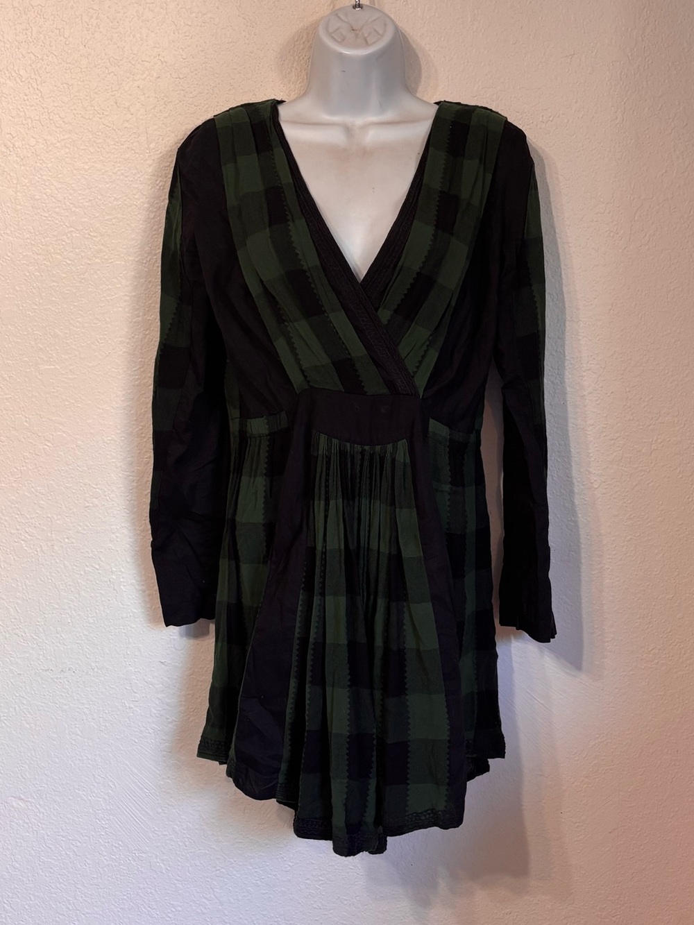 Free People New Romantics Green Plaid Long Sleeve Mini Dress XS